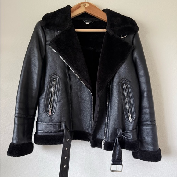 Topshop Oversized Leather Jacket - Aviator Biker Jacket with Faux Fur - Picture 3 of 7